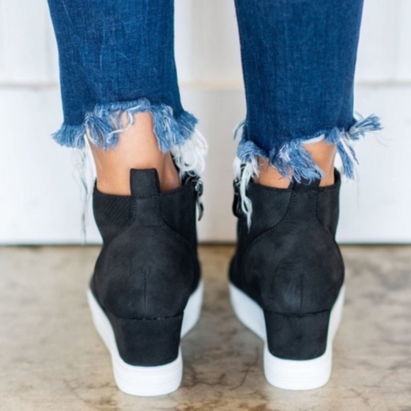 Tegan | Faux Suede Pinhole Wedge Sneakers | Black - Picture 6 of 7